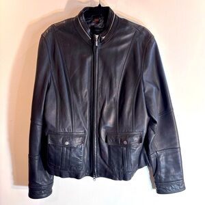 DANIER Sz XL Funnel Neck with Zipper Black Leather Jacket with Pockets Lined